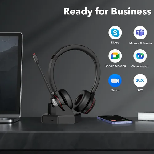 Vista 6 de Auriculares inalámbricos con micrófono para PC, auriculares Bluetooth con silencio de micrófono y soporte de carga, auriculares de trabajo