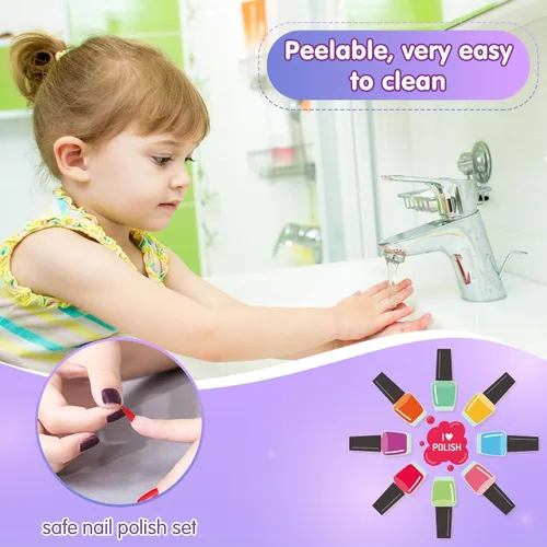 Vista 8 de Juego de esmaltes de uñas para niñas, kit de arte de uñas DIY con secador de uñas, uñas postizas, pegatinas de uñas, esmalte de uñas despegable,