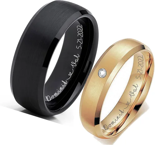 Vista 4 de Anillo de boda de tungsteno dorado y negro personalizado para parejas, juego de 2 grabados personalizados gratis - Se envía desde Estados Unidos