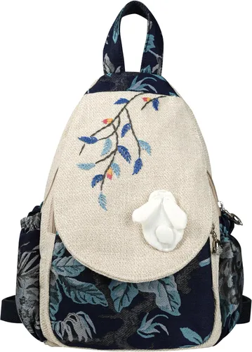 Vista 137 de HUANGGUOSHU Mochila de algodón tejida de algodón bohemio con bordado de lona estilo bohemio con múltiples bolsillos retro linda mochila cartera