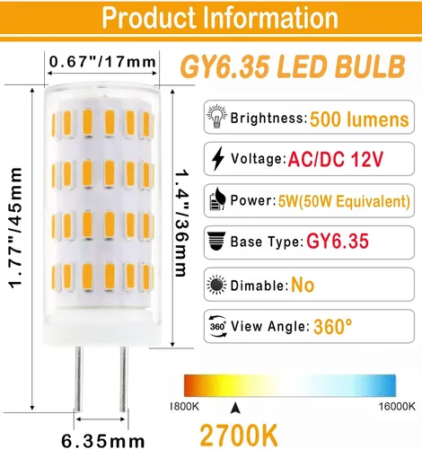 Vista 2 de Bombilla LED GY6.35 equivalente a 50 W halógena, CA/CC 12 V blanco cálido 2700 K, GY6.35 base bi-pin tipo JC bombilla para lámpara colgante, luz