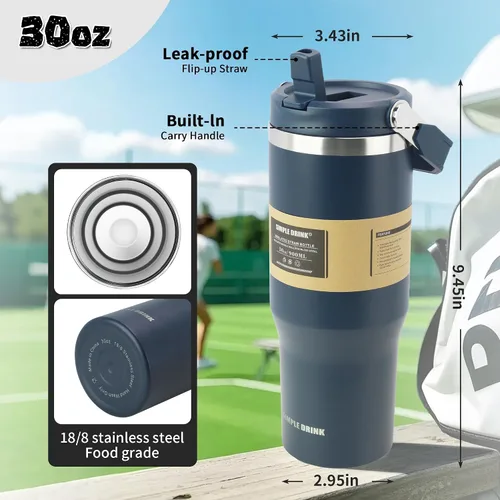 Vista 2 de Botella de agua aislada con pajilla abatible de 30 onzas con asa, vaso de acero inoxidable a prueba de fugas, taza de café de viaje al vacío