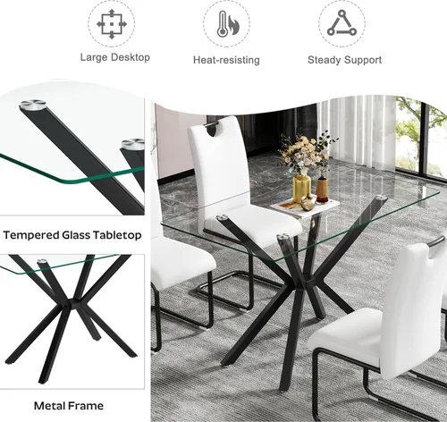 Vista 7 de Juego de comedor moderno de cristal de lujo de 5 piezas, juego de comedor rectangular minimalista para 4, juego de mesa de cocina de vidrio