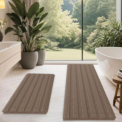 Vista 19 de ACCUMTEK - Juego de alfombras de baño a rayas beige de 3 piezas, ultrasuaves, antideslizantes de chenilla, alfombras de baño mullidas y absorbentes