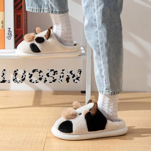 Vista 7 de LUOBIN Zapatillas de vaca de dibujos animados zapatillas de invierno para interiores y exteriores para hombres y mujeres