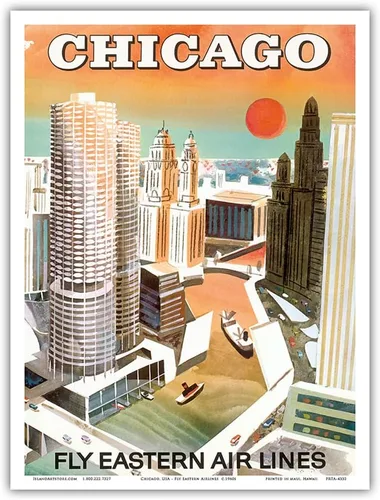 Vista 9 de Chicago USA - Marina City Chicago River - Fly Eastern Airlines - Vintage Airline Travel Poster c.1960s - Master Art Print (Unframed) 6in x 9in