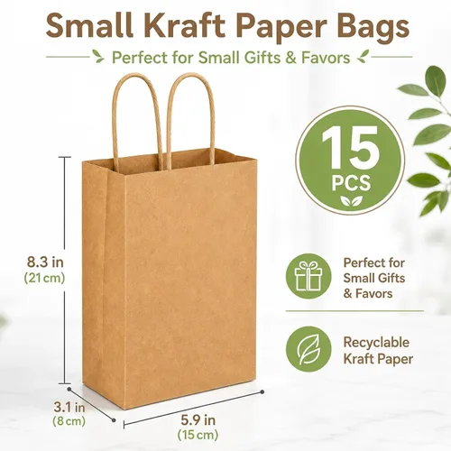Vista 3 de MAQIHAN Bolsas pequeñas de papel kraft con asas – 15 bolsas pequeñas de papel de estraza marrón, bolsa de papel con caramelos, recuerdos de fiesta