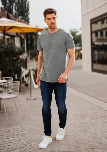 Vista 5 de PEGENO Camisetas de algodón de manga corta con solapa frontal casual para hombre