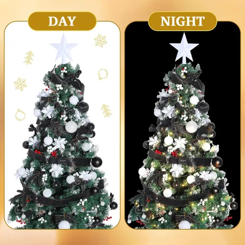 Vista 4 de Poen Juego de 108 adornos para árbol de Navidad, incluye bolas para árbol navideño, flor de pascua con purpurina, lazos, bayas, tallos, hojas, copos