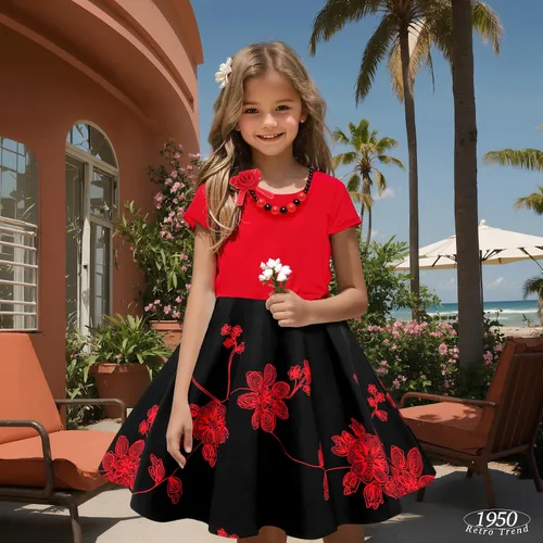 Vista 4 de Tao-Ge Vestido vintage de lunares para niñas, vestidos de fiesta retro de los años 50, vestido de fiesta con vuelo, talla 6-12 con collar