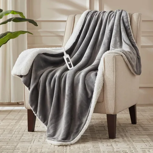 Vista 16 de Manta térmica de sherpa de doble cara, manta eléctrica de calefacción suave para cama, sistema de seguridad automático, 6 niveles de calefacción y 4