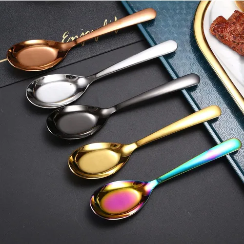 Vista 6 de 5 cucharas de sopa y postre de acero inoxidable con acabado espejo para sopa, arroz, té, leche, café y helado (dorado)