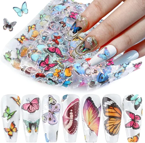 Vista 10 de Calcomanías holográficas de transferencia de uñas, hojas de esmalte de uñas de corazón de amor, láminas de transferencia de papel estrellado