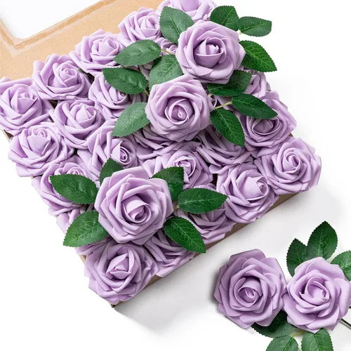 Vista 20 de Aegero Flores artificiales, 25 rosas falsas de espuma con tallos para ramos de boda, centros de mesa de despedida de soltera, arreglos, mesas