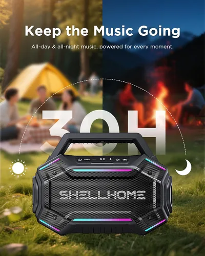 Vista 5 de ShellHome Altavoces Bluetooth 6.0 para exterior, altavoz potente de 80 W (máximo) con graves, 30 horas de reproducción, impermeable IPX6, luces RGB