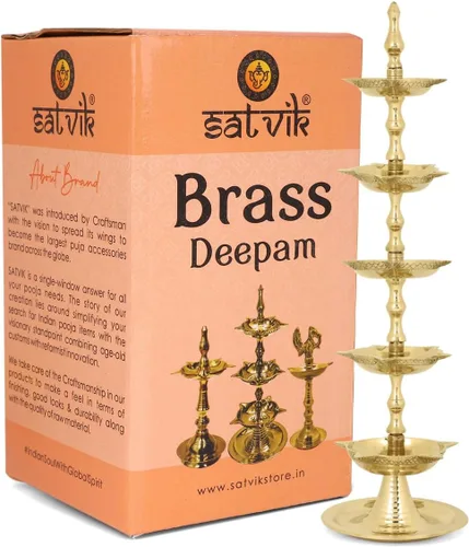 Vista 3 de SATVIK - 2 piezas de latón de pie Kerala Samai Diwali Deepak para Puja tradicional Panchmahal Pooja Deepam Diya lámpara de aceite Kutthu Vilakku