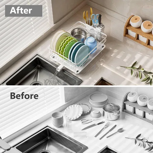 Vista 5 de AIDERLY Escurridor de platos de hierro, escurridor de platos de drenaje automático, colador de encimera de cocina con bandeja de drenaje, todo