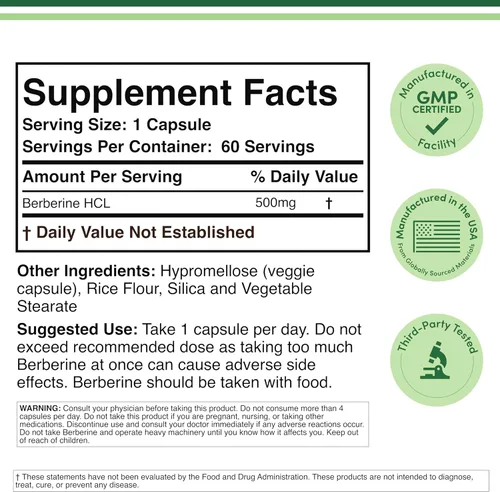 Vista 2 de Suplemento de berberina de 500 mg, alta pureza 97% HCl, 60 cápsulas (probado por terceros, sin OMG, sin gluten, apto para veganos) Activador AMPK