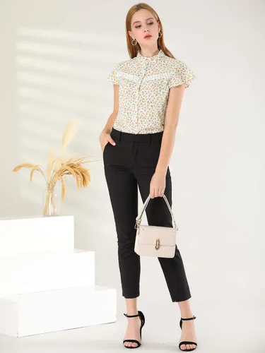 Vista 3 de Allegra K Blusa de verano con botones y cuello con volantes para mujer, M