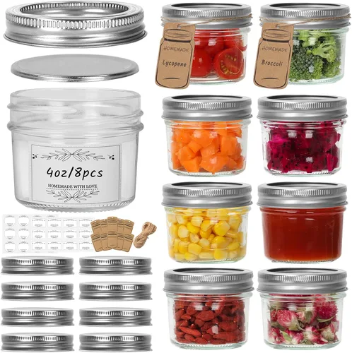 Vista 11 de Eathtek 8 onzas tarros Mason 20 paquete, tarros de conservas mini de 240ml con tapas regulares para almacenamiento de jalea, hierbas, especias