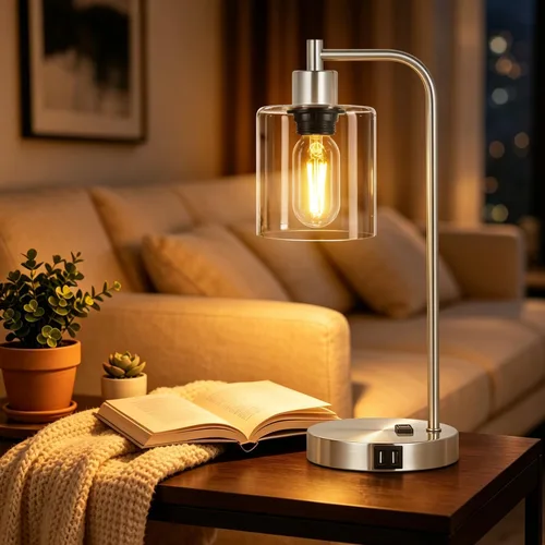 Vista 2 de Juego de 2 lámparas de mesa con control táctil industrial - Lámparas de mesita de noche en níquel cepillado con 2 puertos USB y enchufe de CA