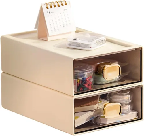 Vista 10 de Paquete de 2 organizadores de escritorio apilables con cajón, caja de almacenamiento de escritorio, organizador de papelería de escritorio
