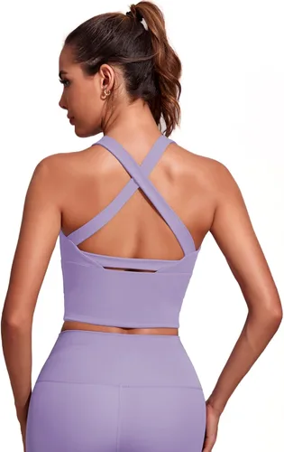 Vista 4 de Honlyps Criss Cross Workout Tops for Women Backless Strappy Sports Bra Longline Fitness Yoga Crop Tank Top with Bulit in Bra