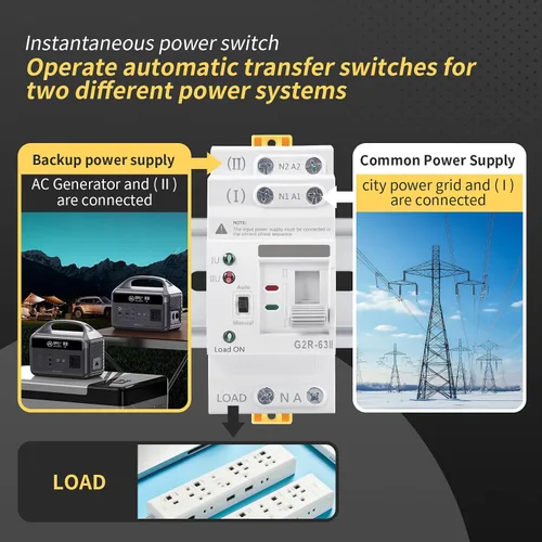Vista 2 de Mini ATS AC Interruptor de transferencia automática/manual 2P 63A 110V, ATS de transferencia manual para fuente de alimentación ininterrumpida