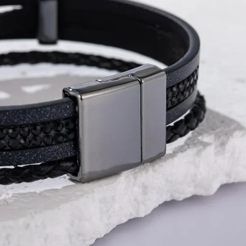 Vista 5 de Pulseras de cuero con diamantes de imitación, estilo bohemio, trenzadas Negro
