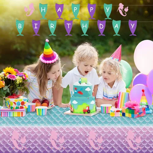Vista 7 de 1 mantel de decoración de fiesta de cumpleaños de sirena, funda de mesa de plástico desechable para princesa bajo el mar, suministros de fiesta