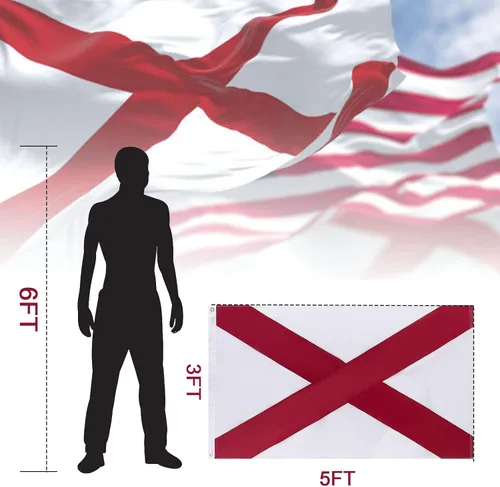 Vista 2 de Bandera del estado de Alabama de 3 x 5 pies, banderas del estado AL con rayas cosidas (no impresas), cabecera de lona y ojales de latón, bandera