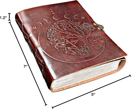 Vista 8 de Leather Journal with Moon Phase & Tree of Life Embossed Design – Vintage Notebook with Handmade Paper Grimoire, Spell Book, Wiccan Diary, Travel