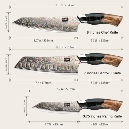 Vista 2 de Juego de cuchillos de cocina de Damasco SHAN ZU, cuchillos de cocina japoneses de cobre y acero de Damasco, cuchillo utilitario forjado a mano