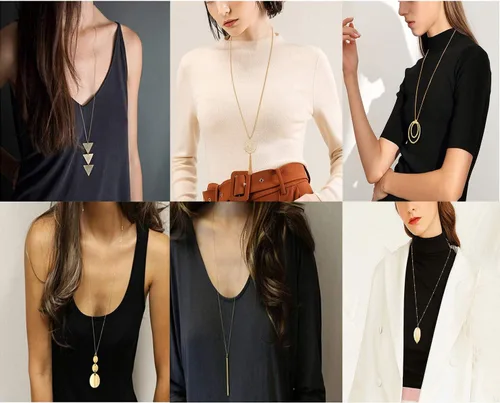 Vista 2 de Fesciory - Juego de 6 collares largos con dije para mujer, diseño de círculo, hoja, triángulo, borla y collar para niñas