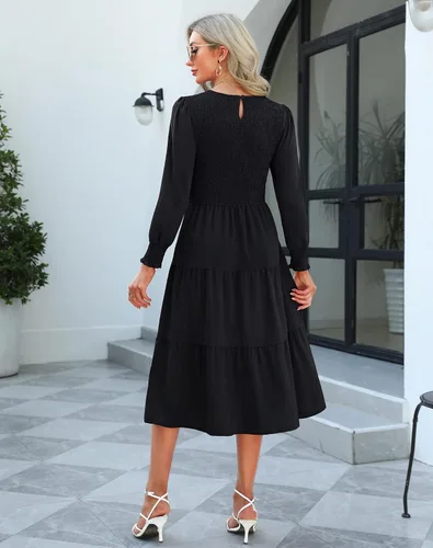Vista 3 de Zattcas Vestido de otoño de manga larga para mujer 2023, corpiño fruncido y puños con lunares suizos, cuello redondo, escalonado, modesto, casual