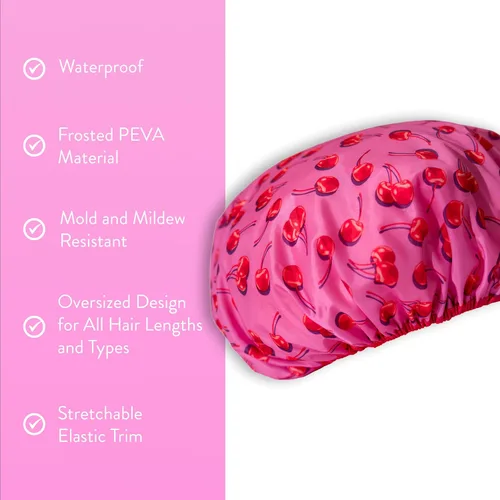 Vista 3 de Betty Dain Gorro de baño y ducha reutilizable, gorro de ducha impermeable de gran tamaño para todas las longitudes de cabello, forro de PEVA Cereza