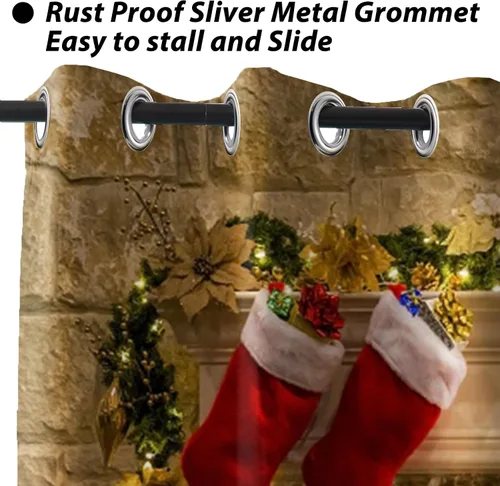 Vista 3 de Cortinas con adornos de Navidad impresos, cortinas para ventana de chimenea, calcetines de Navidad, árboles de Navidad, regalos, paneles opacos