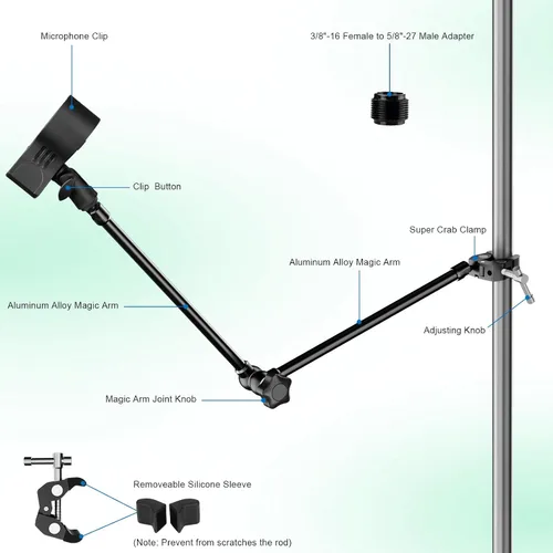 Vista 2 de Mippko Soporte para micrófono, 21.5 pulgadas de largo, flexible, ajustable, brazo mágico, súper abrazadera de cangrejo, clip de micrófono de 3/8"-16
