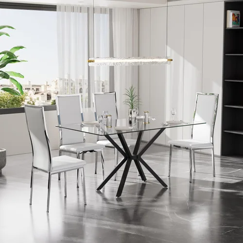 Vista 16 de Juego de 4 mesas de comedor de cristal negro, mesa de cocina minimalista moderna de 47 pulgadas con 4 sillas de comedor clásicas negras y plateadas