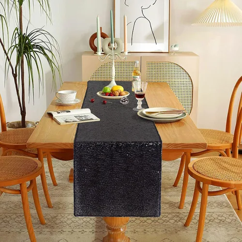 Vista 3 de AMZLOKAE Camino de mesa de lentejuelas, paquete de 2, camino de mesa negro de 12 x 120 pulgadas, para decoración de boda, rectangular, color negro