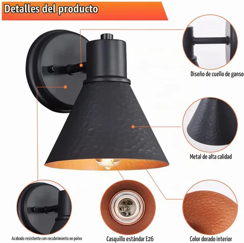 Vista 4 de Paquete de 2 Apliques de Pared para Exteriores - Luminarias de Pared para Exteriores Estilo Granja con Pantalla de Metal Martillado, Luz Negra
