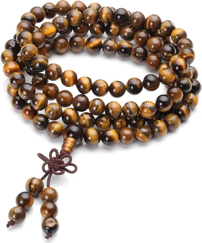Vista 8 de Jovivi Collar tibetano de 0.236 in 0.315 in, 108 cuentas de piedras preciosas naturales de ojo de tigre de oración Mala