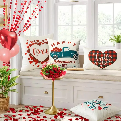 Vista 6 de Artscope Fundas de almohada impermeables para el día de San Valentín, juego de 4 fundas de cojín de lino y algodón para sofá en exteriores, 12 x 20