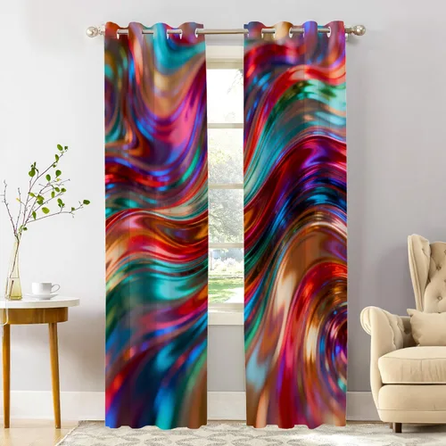 Vista 40 de Shrahala Blue Bright Blackout Curtain Tiers, Colorful Acrylic Paint Pour Abstract Design Kitchen Valance Light Blocking Tier Drapes with Rod Pocket