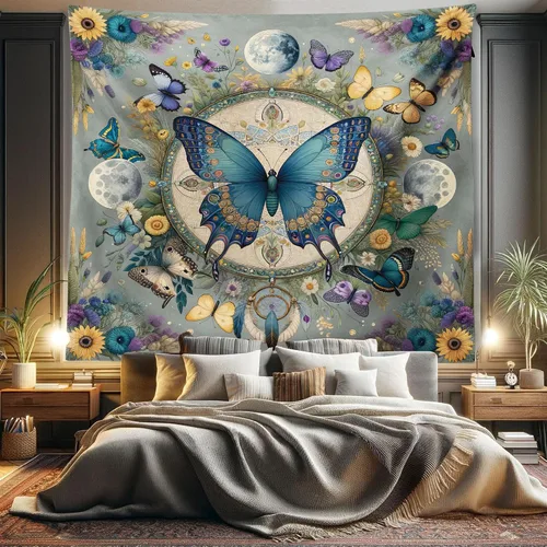 Vista 5 de Ambesonne Tapiz bohemio, diseño floral de bruja, luna y mariposa con adornos de mandala, decoración de tela para colgar en la pared para dormitorio