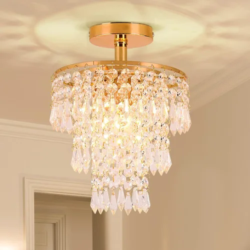 Vista 13 de Lámpara de techo de cristal de 3 niveles con colgante de cristal, decoración para pasillo, comedor, sala de estar, dormitorio, casquillo E26, cromado