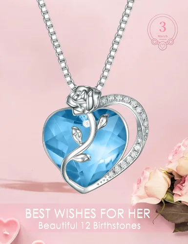 Vista 2 de SILVERKITY 925 Sterling Silver Rose Flower Heart Birthstones Necklace for Women with Austria Crystal, Pendants Gifts, Anniversary Birthday Jewelry