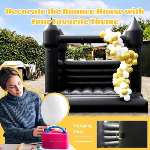 Vista 5 de Casa inflable negra para decoración de Halloween al aire libre, fiesta, patio, boda, castillo inflable de PVC para niños con soplador
