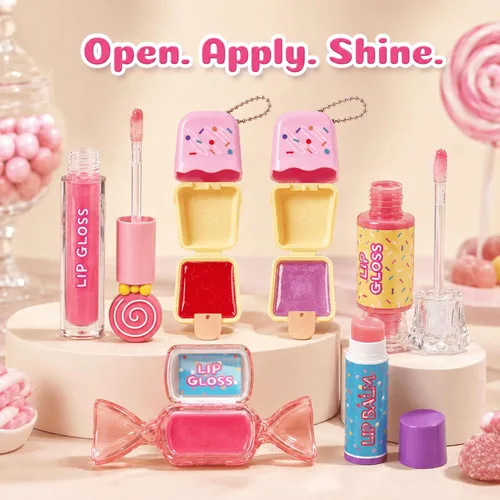 Vista 7 de M&U MAKE YOU UP MU Set de 6 barras de brillo labial dulce de caramelo para niños - 1 barra recta, 2 barras de helado y 2 barras de bálsamo