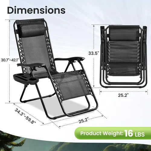 Vista 3 de Zero Gravity - Juego de 2, sillas de patio reclinables ajustables de 7 posiciones con bandeja portavasos, reposacabezas acolchados, silla plegable